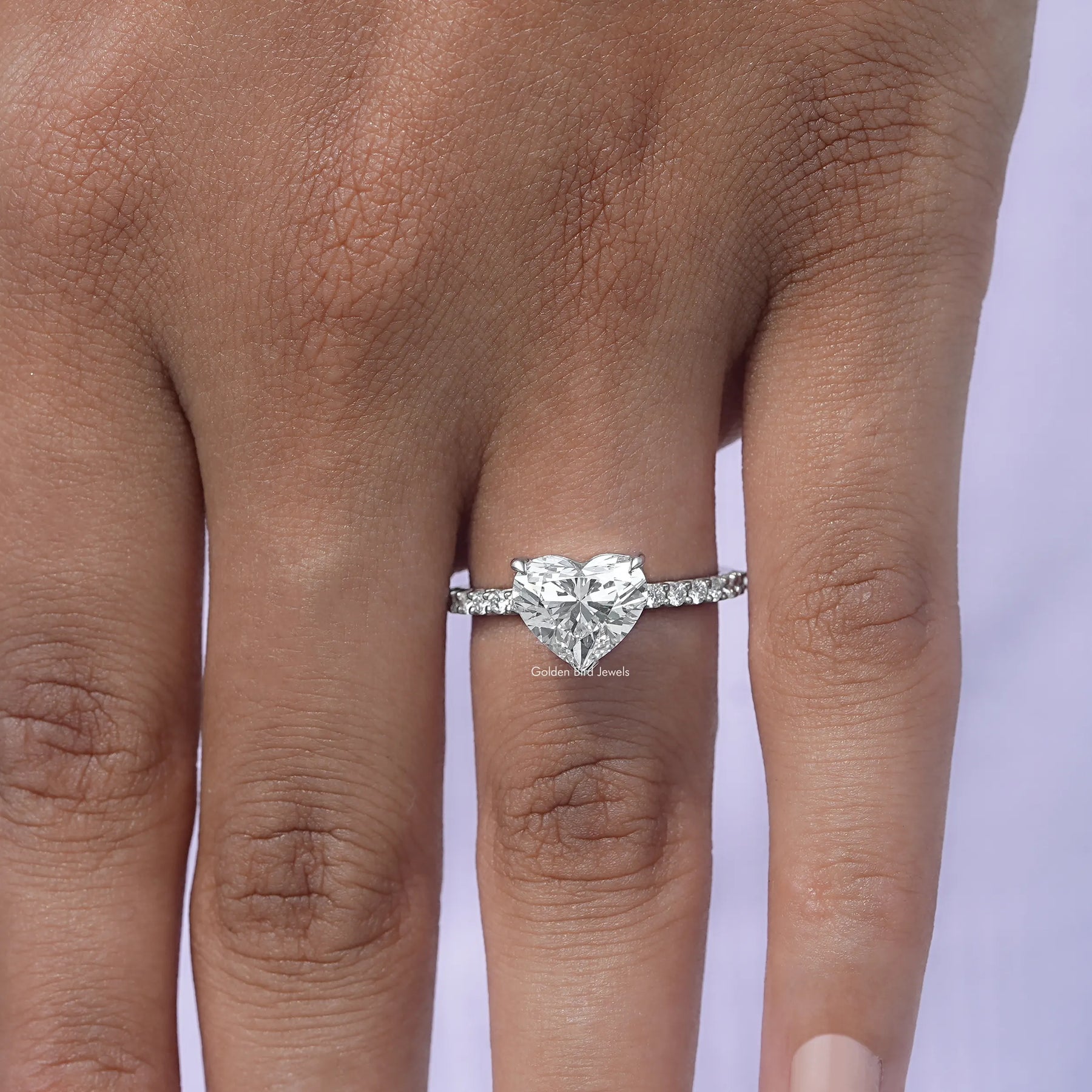 Close-Up View of Heart Cut Lab Grown Diamond Ring In White Gold