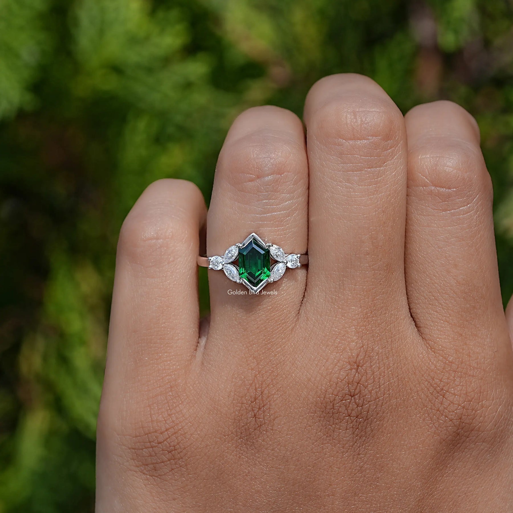 View of Hexagon Cut Gemstone Accent Ring In White Gold