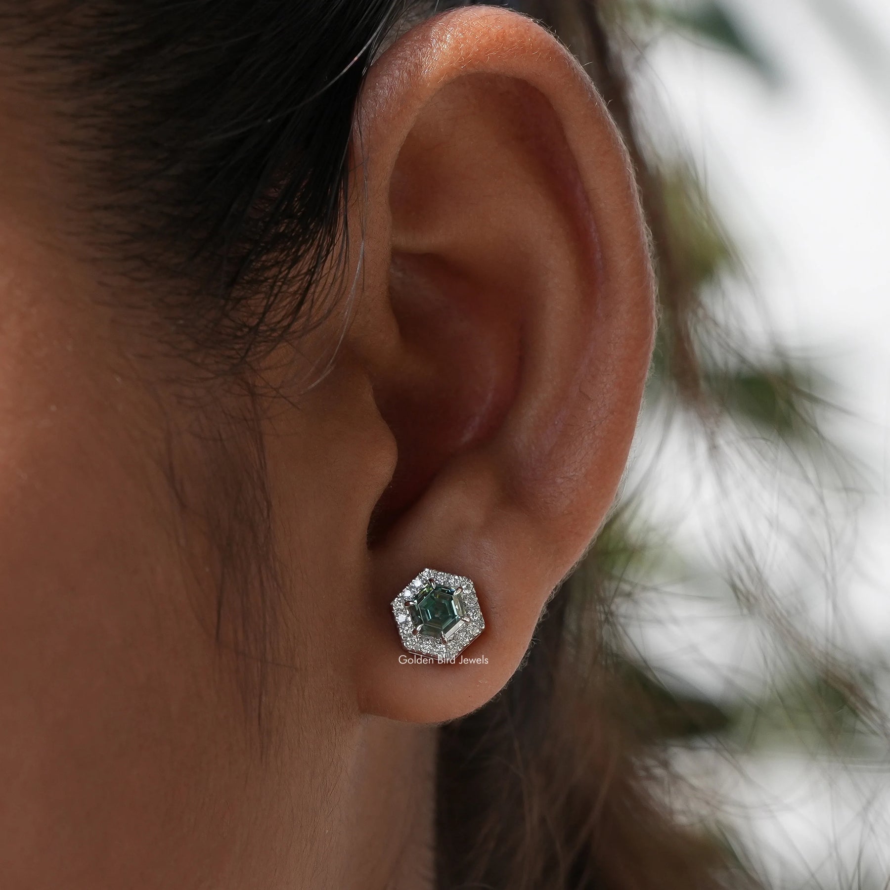 In Ear view of hexagon Cut moissanite Stud Earrings