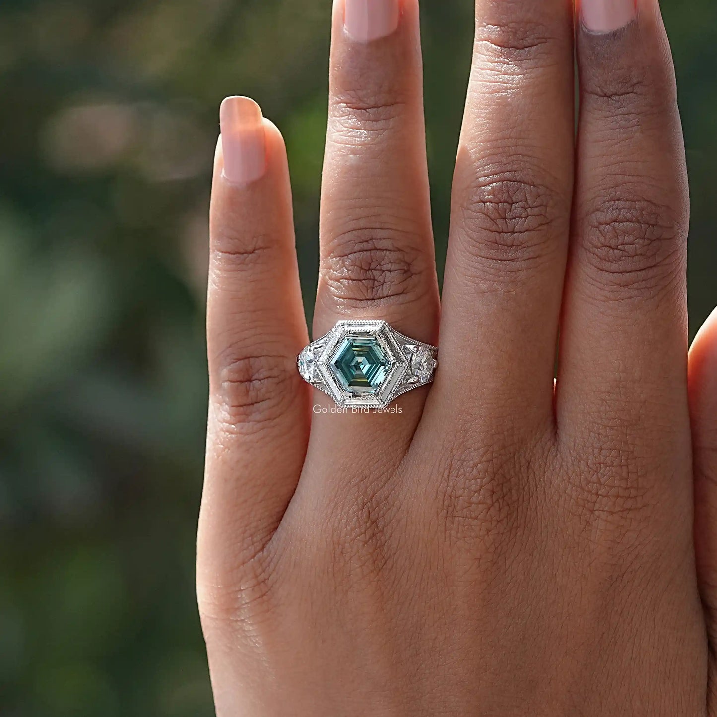 Hexagon Moissanite Three Stone Engagement Ring