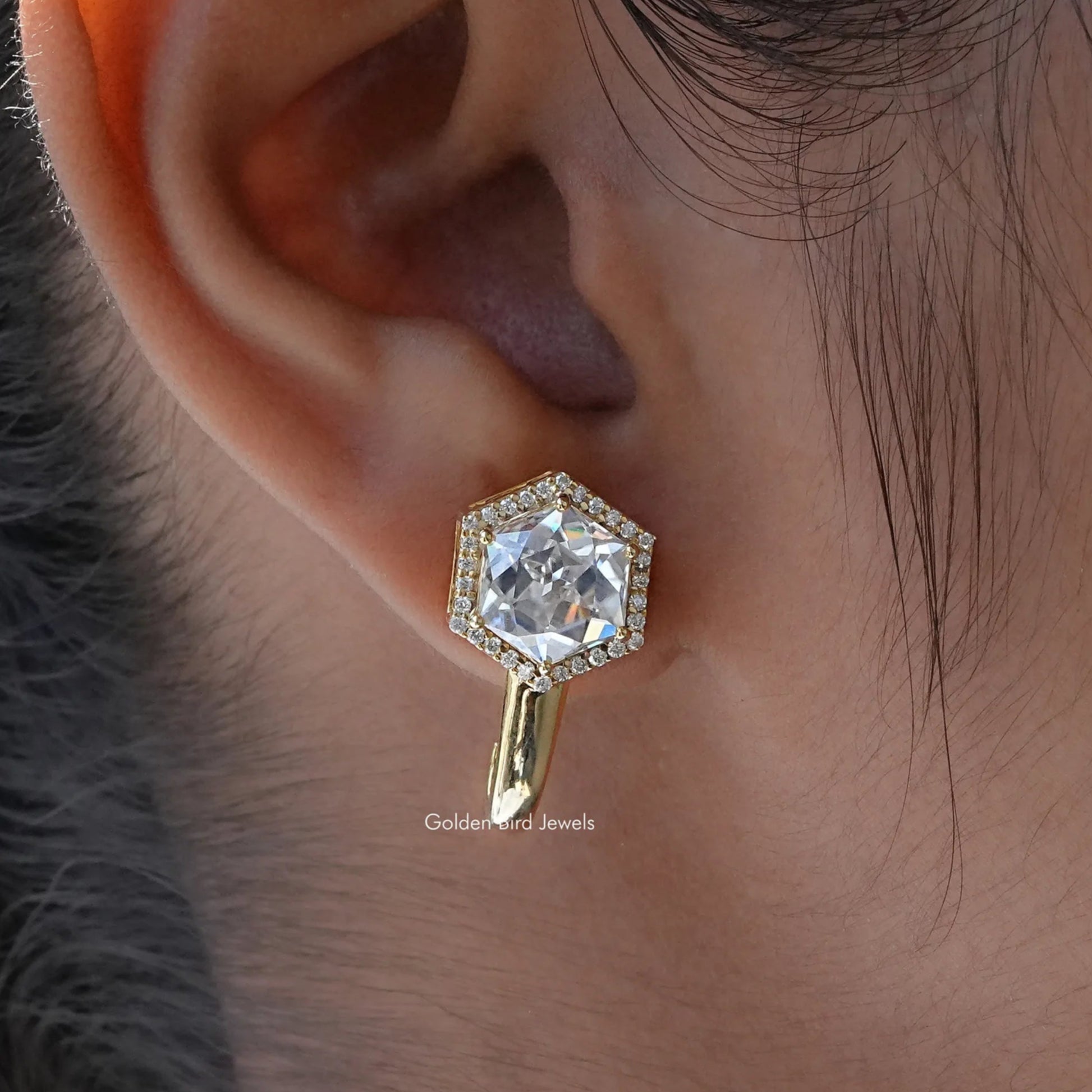 [Hexagon Moissanite Halo Earrings]-[Golden Bird Jewels]