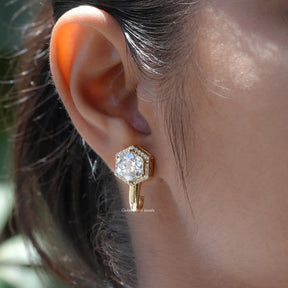 [Colorless Hexagon Cut Halo Earrings]-[Golden Bird Jewels]