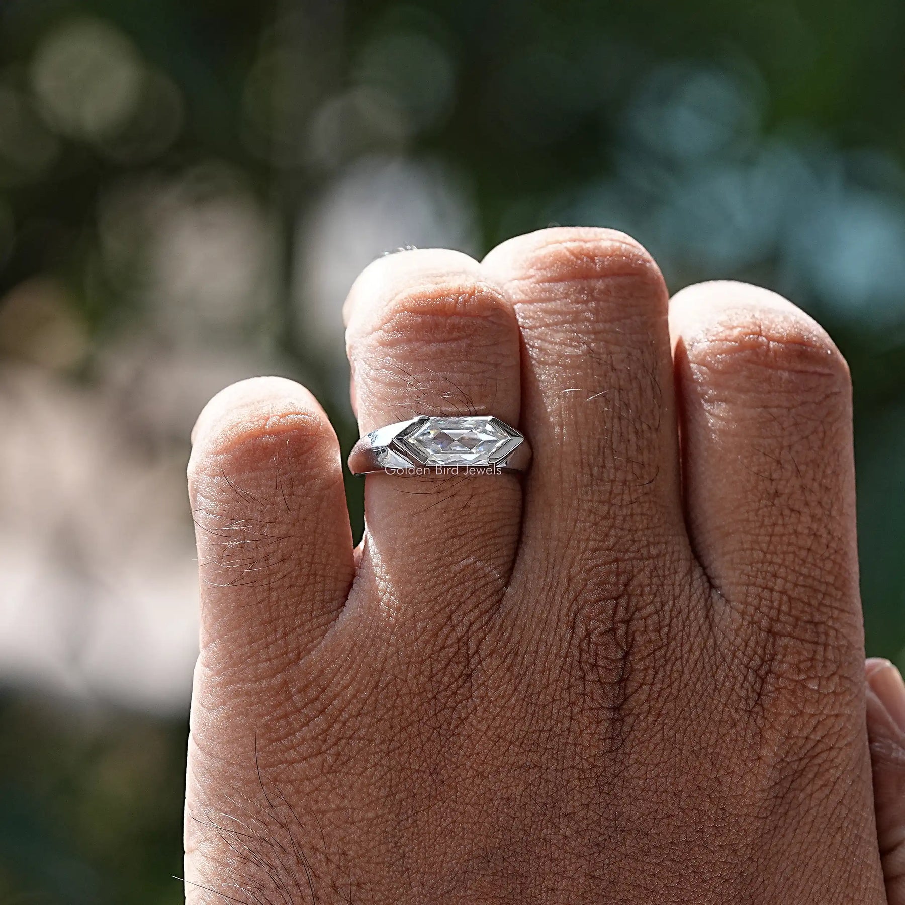 [East West Hexagon Cut Mens Ring In White Gold]-[Golden Bird jewels]