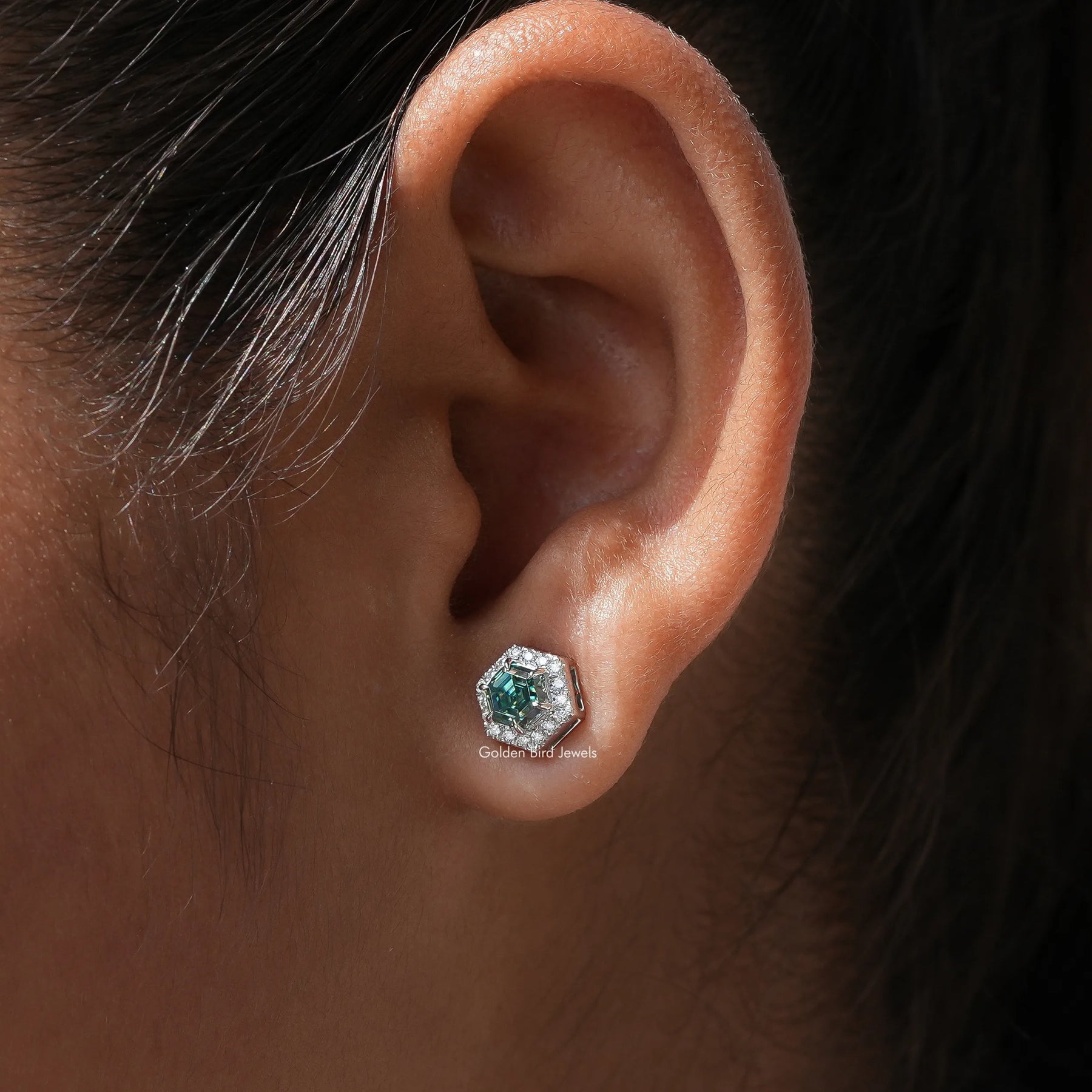 [Green Hexagon Cut Stud Earrings]-[Golden Bird Jewels]