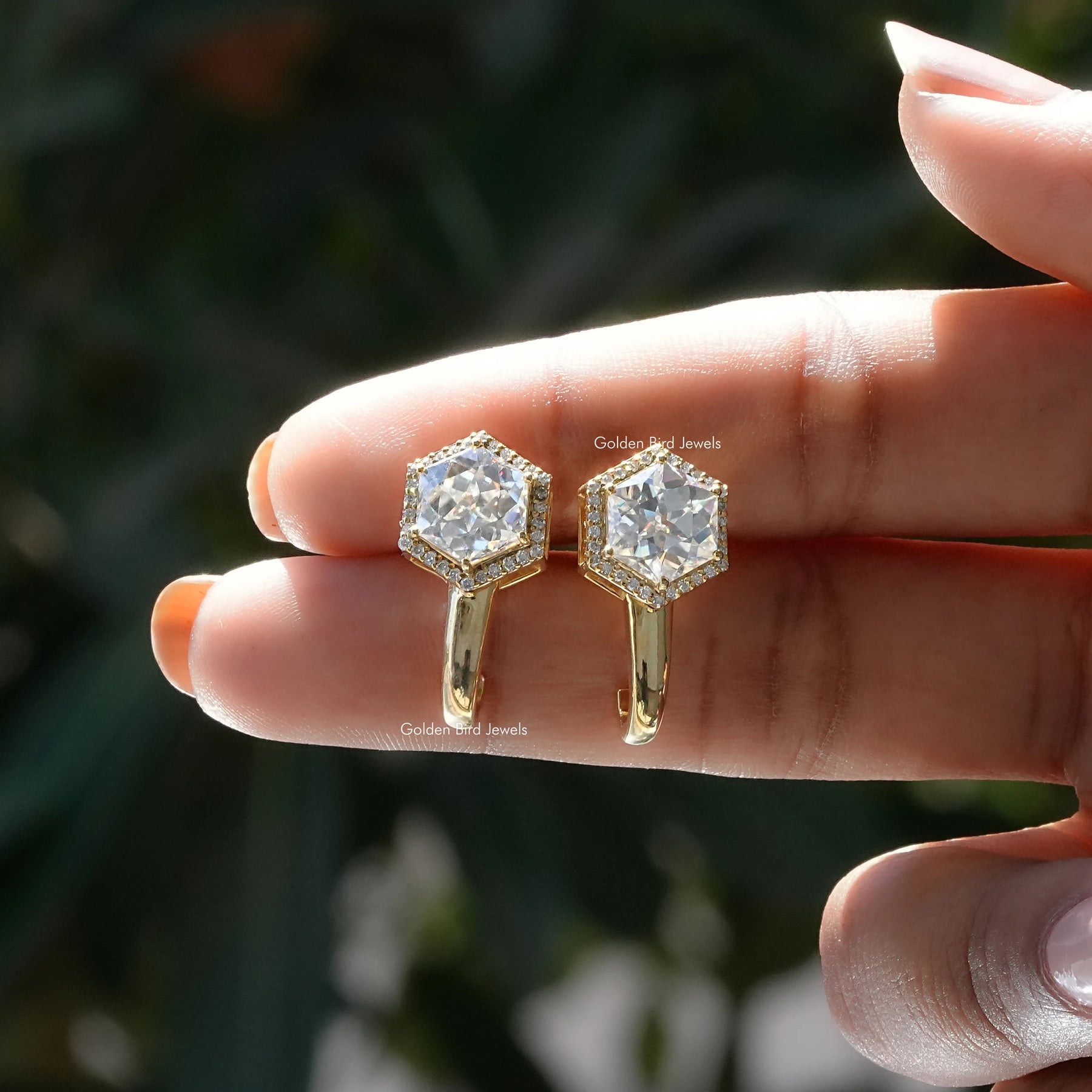 [Moissanite Hexagon And Round Cut Earrings]-[Golden Bird Jewels]