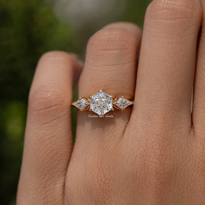 Hexagone Cut Lab Diamond Three Stone Ring
