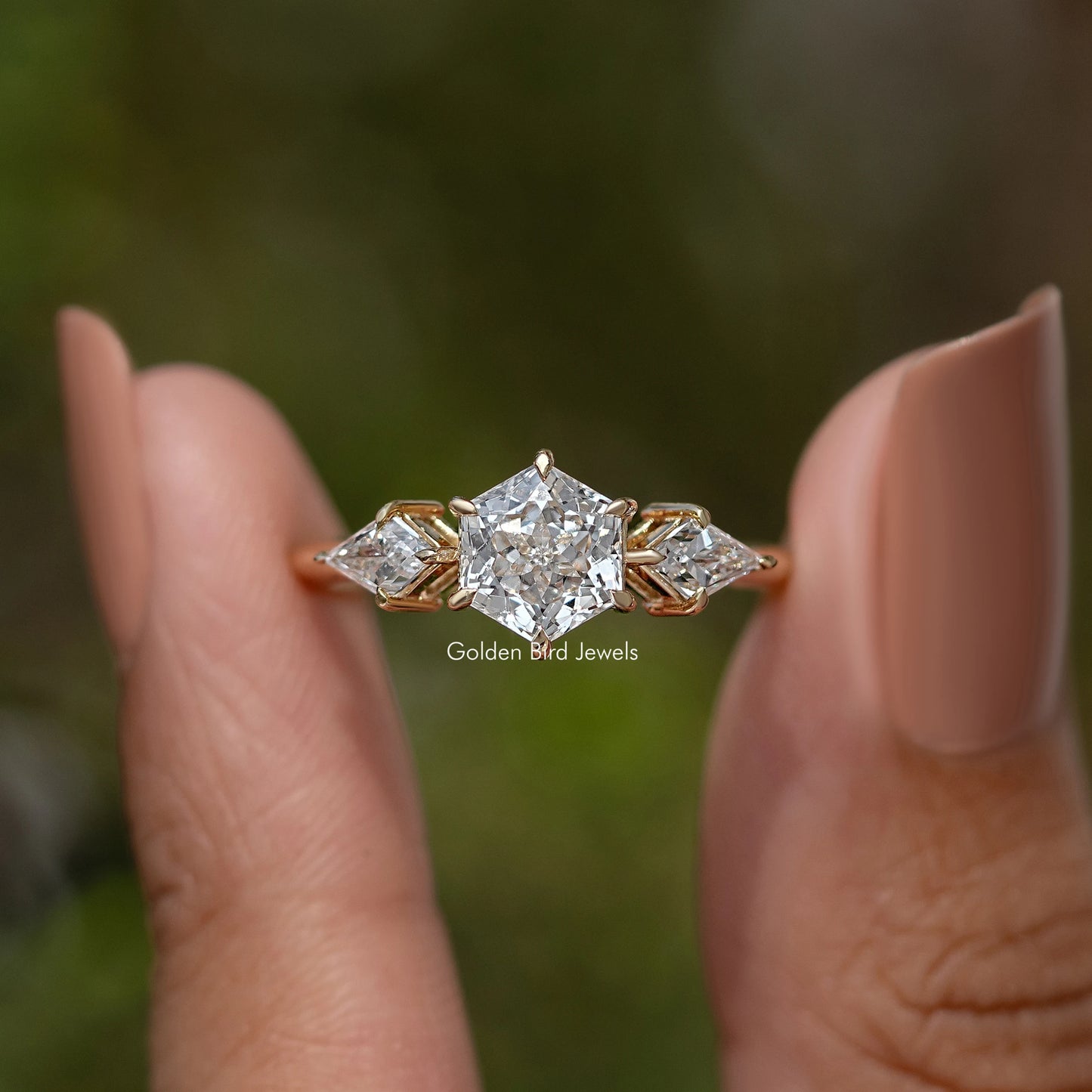 Hexagone Cut Lab Diamond Three Stone Ring