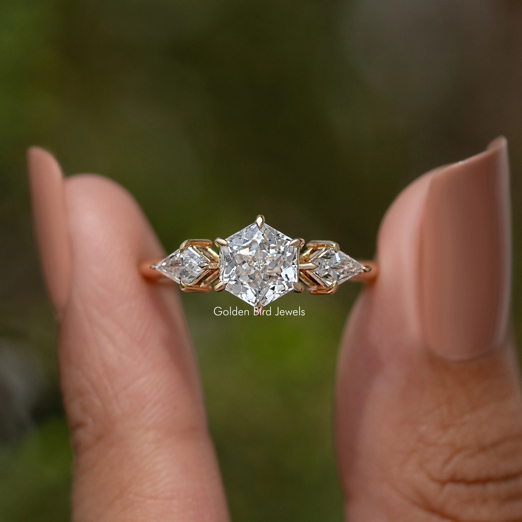 Hexagone Cut Lab Diamond Three Stone Ring