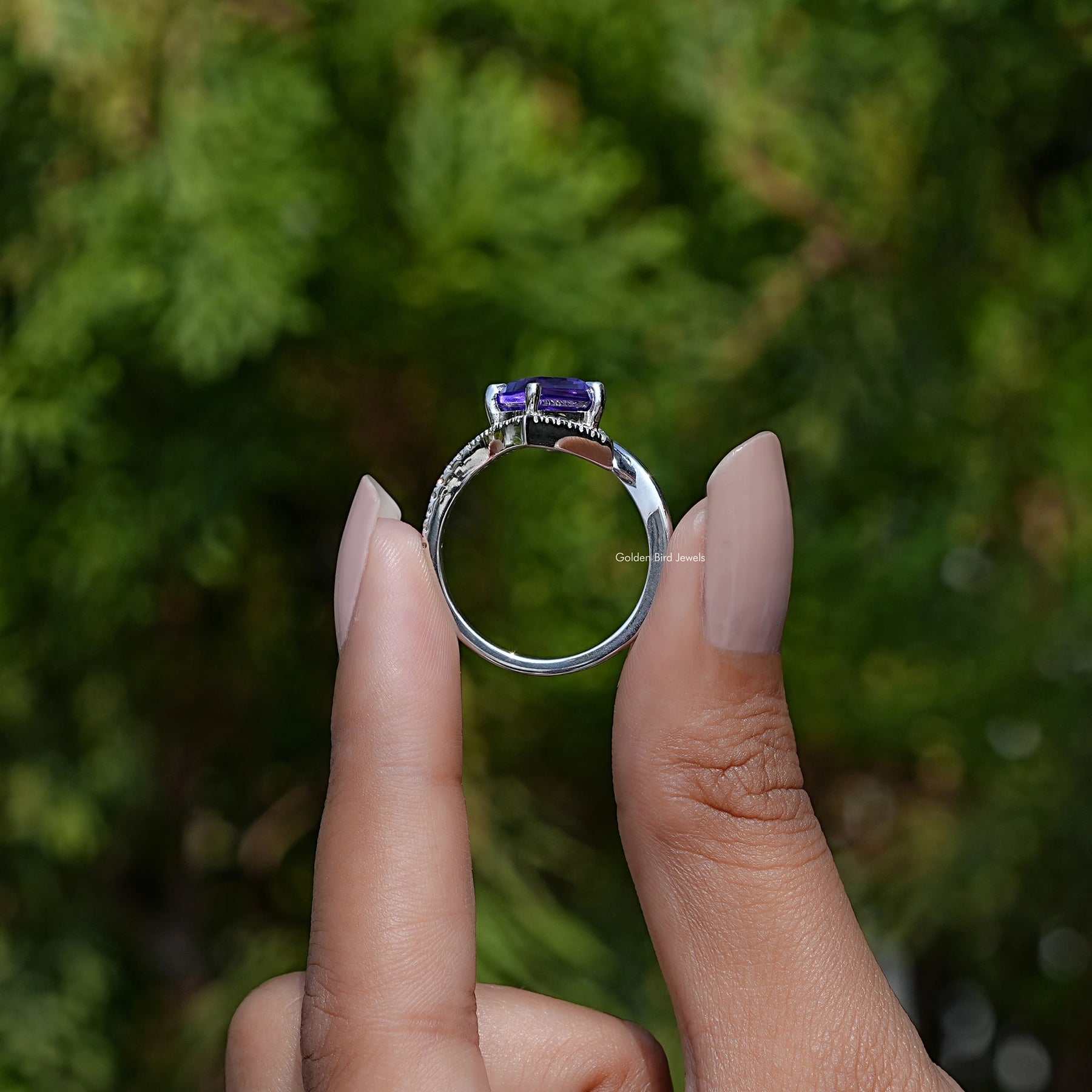 Purple Amethyst Kite Gemstone Halo Accent Ring