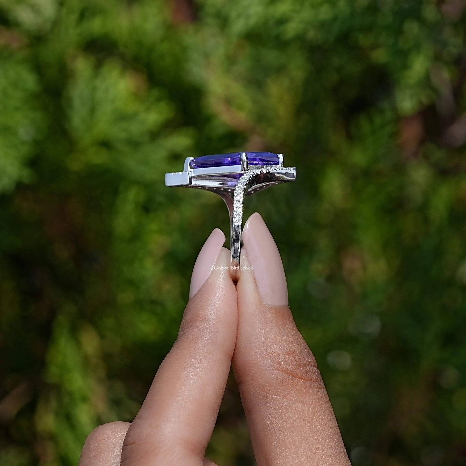 Purple Amethyst Kite Gemstone Halo Accent Ring