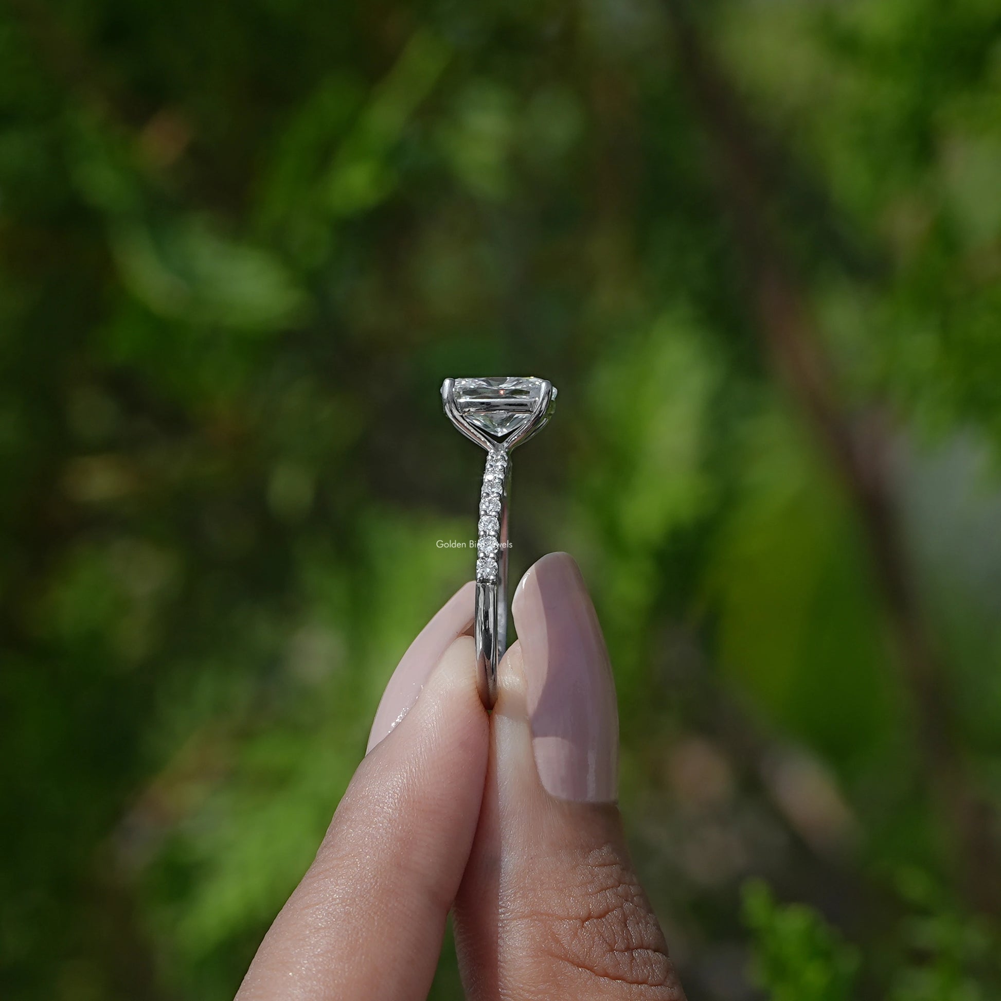 Side View of Elongated Cushion Cut Lab Diamond Ring