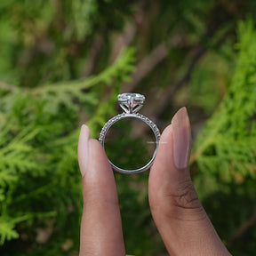 Back View of Heart Cut Solitaire Accent Diamond Ring In two fingers