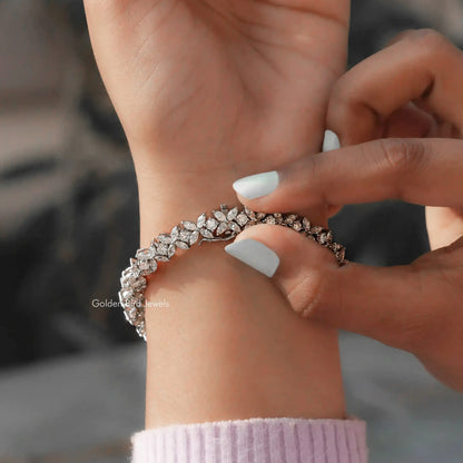 In back hand view of Diamond Marquise Cut Round Multi Bracelet In White Gold