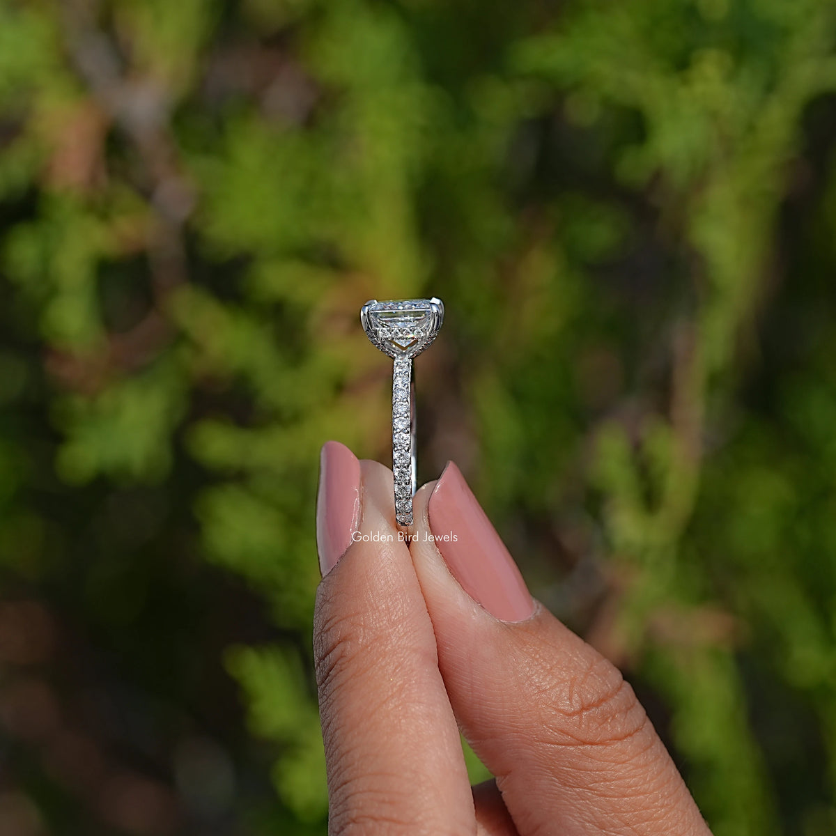 Side View Of Princess Cut Lab Diamond Hidden Halo Ring
