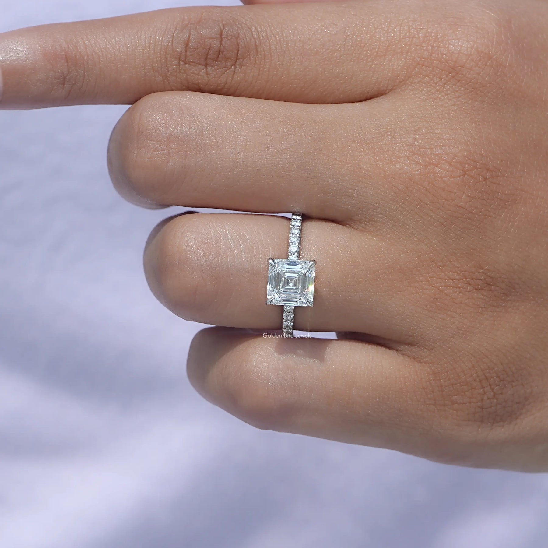 [White Gold Emerald Cut Diamond Ring]-[Golden Bird Jewels]