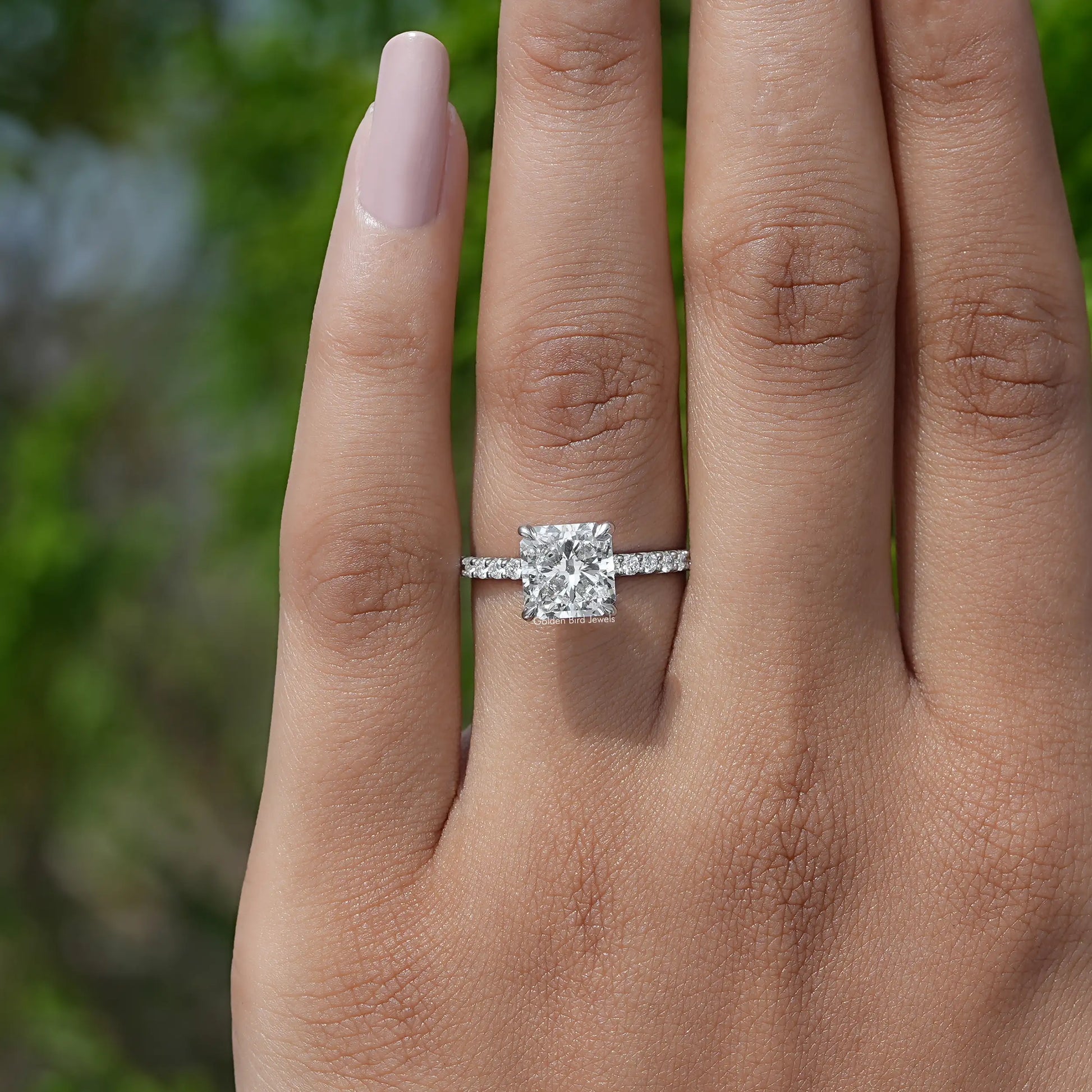 Close-Up View of Diamond Square Radiant Shaped Ring in finger