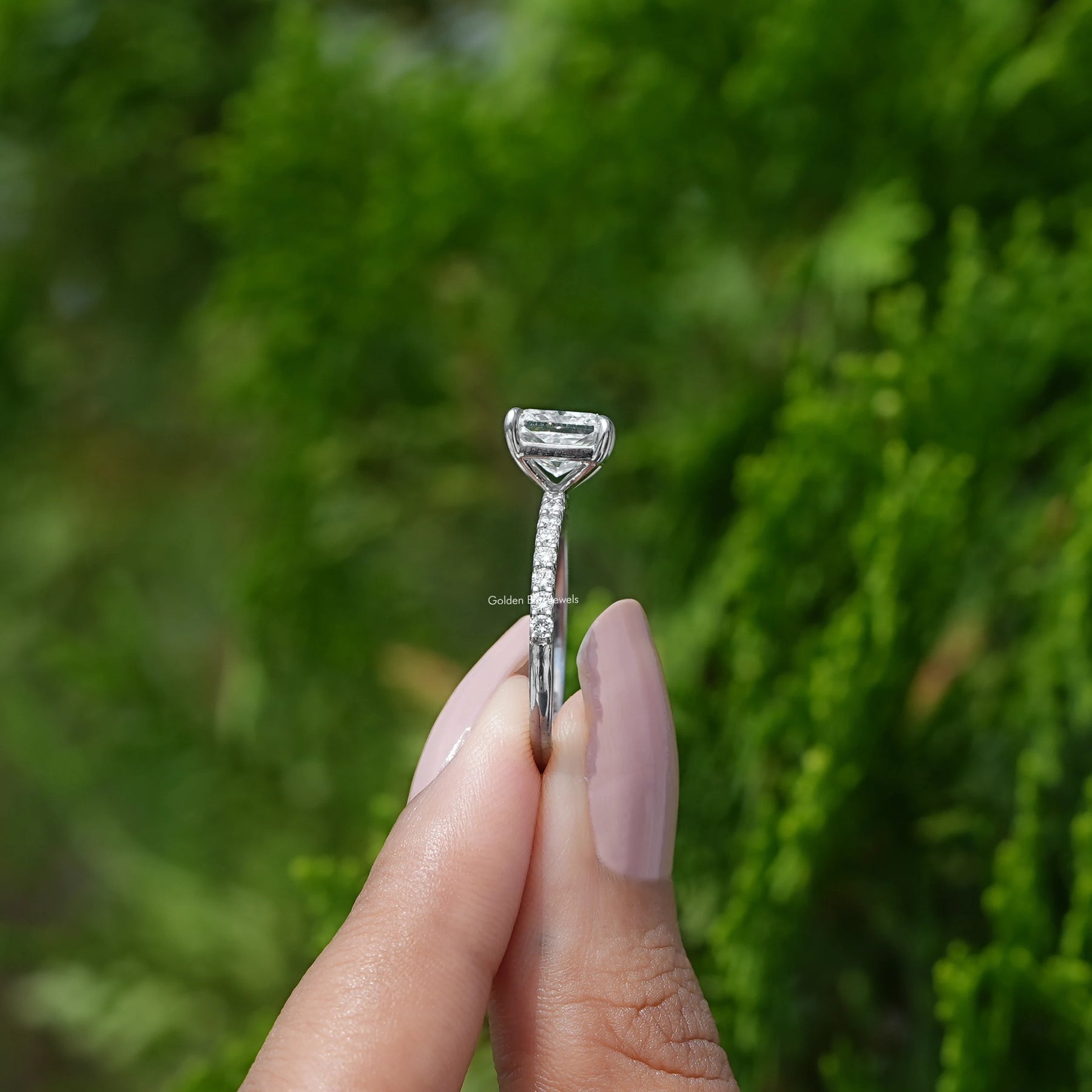 [White Gold Radiant Cut Accent Ring]-[Golden Bird Jewels]