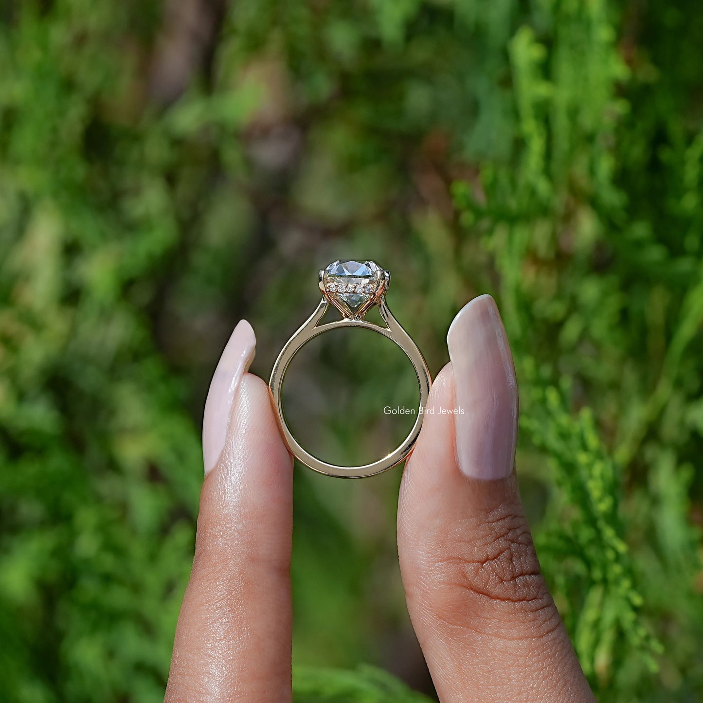 Back View of Cushion Cut Diamond Halo Engagement Ring In two fingers