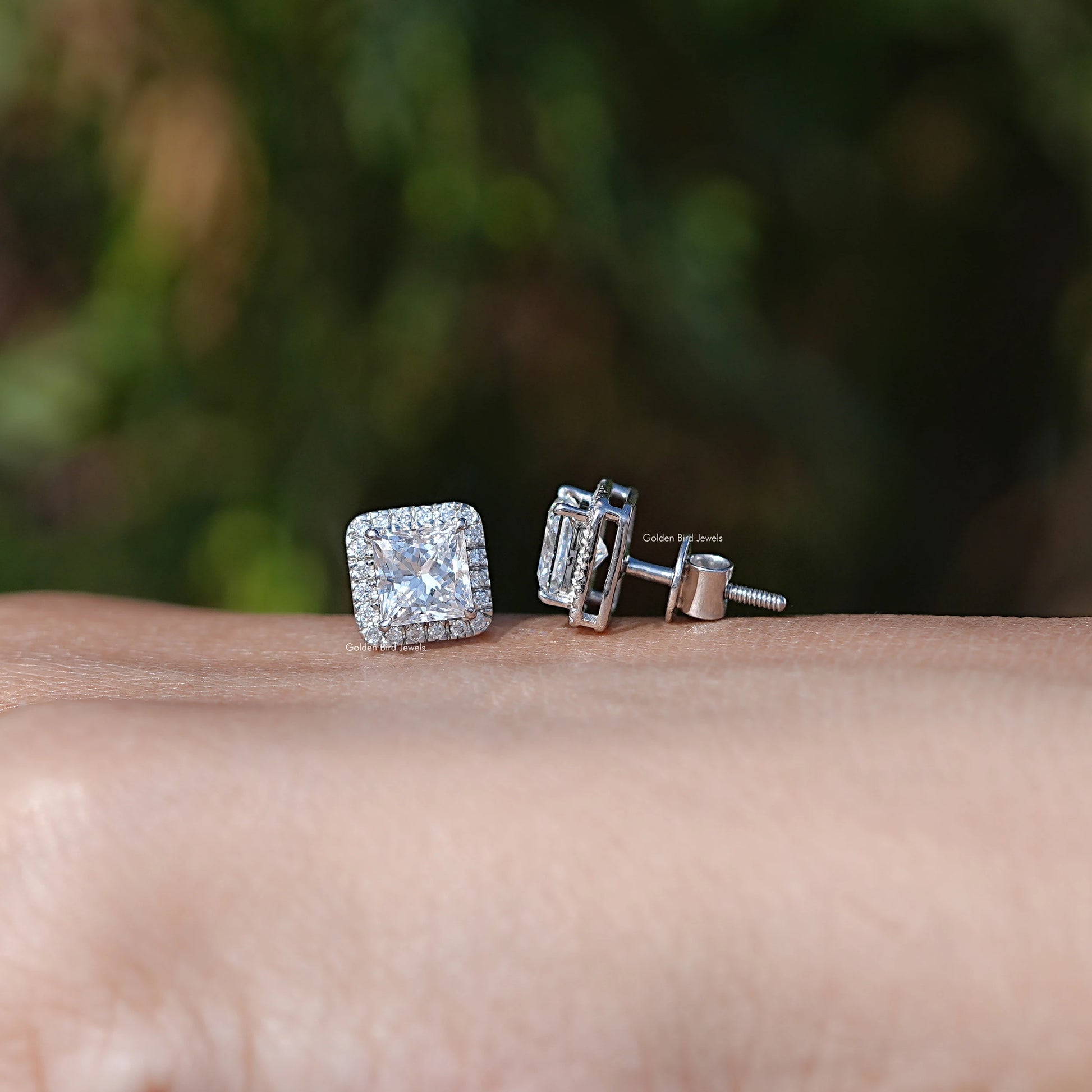 Front And Back Side View Princess Cut Diamond Stud Earrings In White Gold