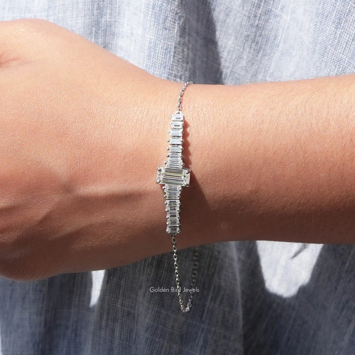 Long Emerald Cut Moissanite Tennis Chain Bracelet