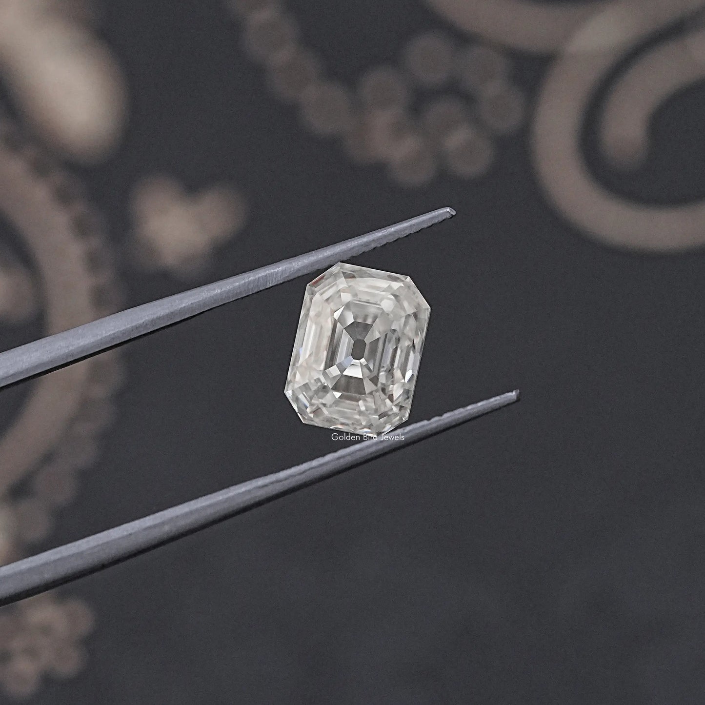 tweezers  View of Timeless Old Mine Cut Emerald Moissanite Loose stone 