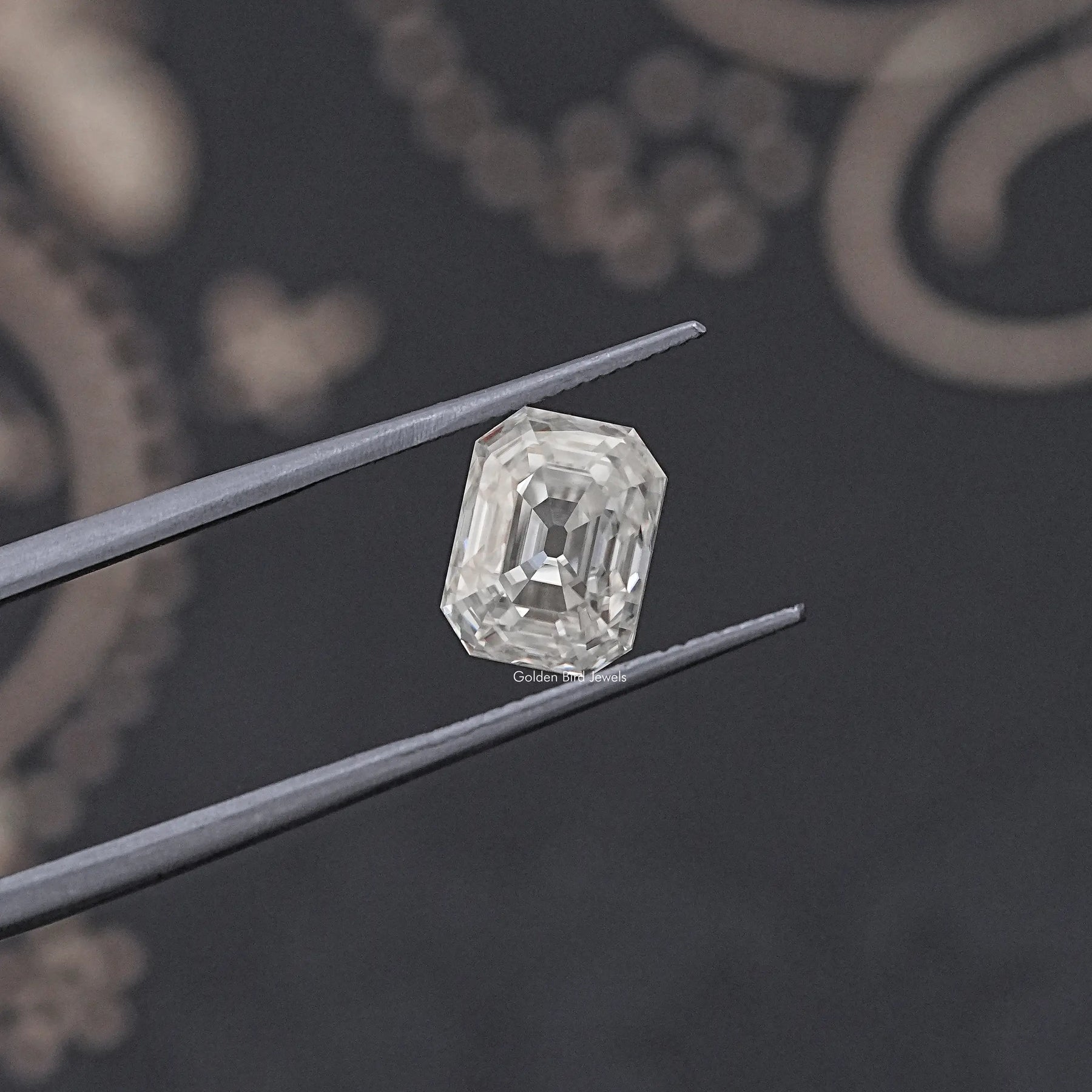 tweezers  View of Timeless Old Mine Cut Emerald Moissanite Loose stone 