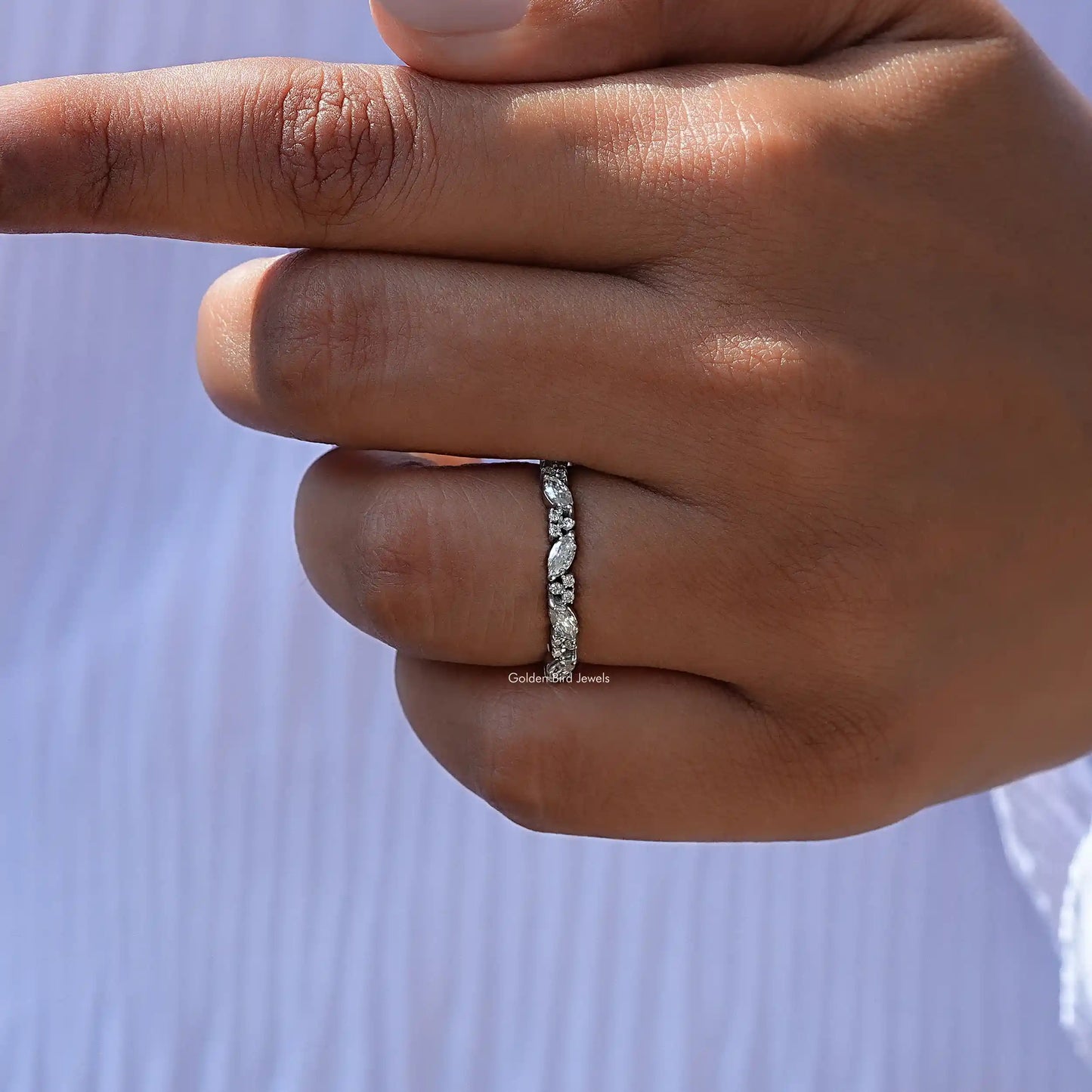 Detailed View Of Marquise And Round Lab Diamond Half Eternity Band
