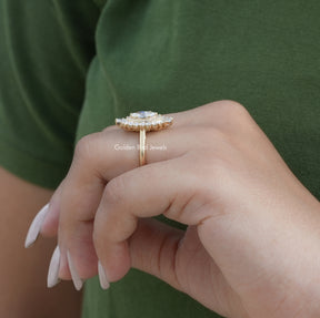 Side View of Baguette Cut Halo Ballerina Ring In finger
