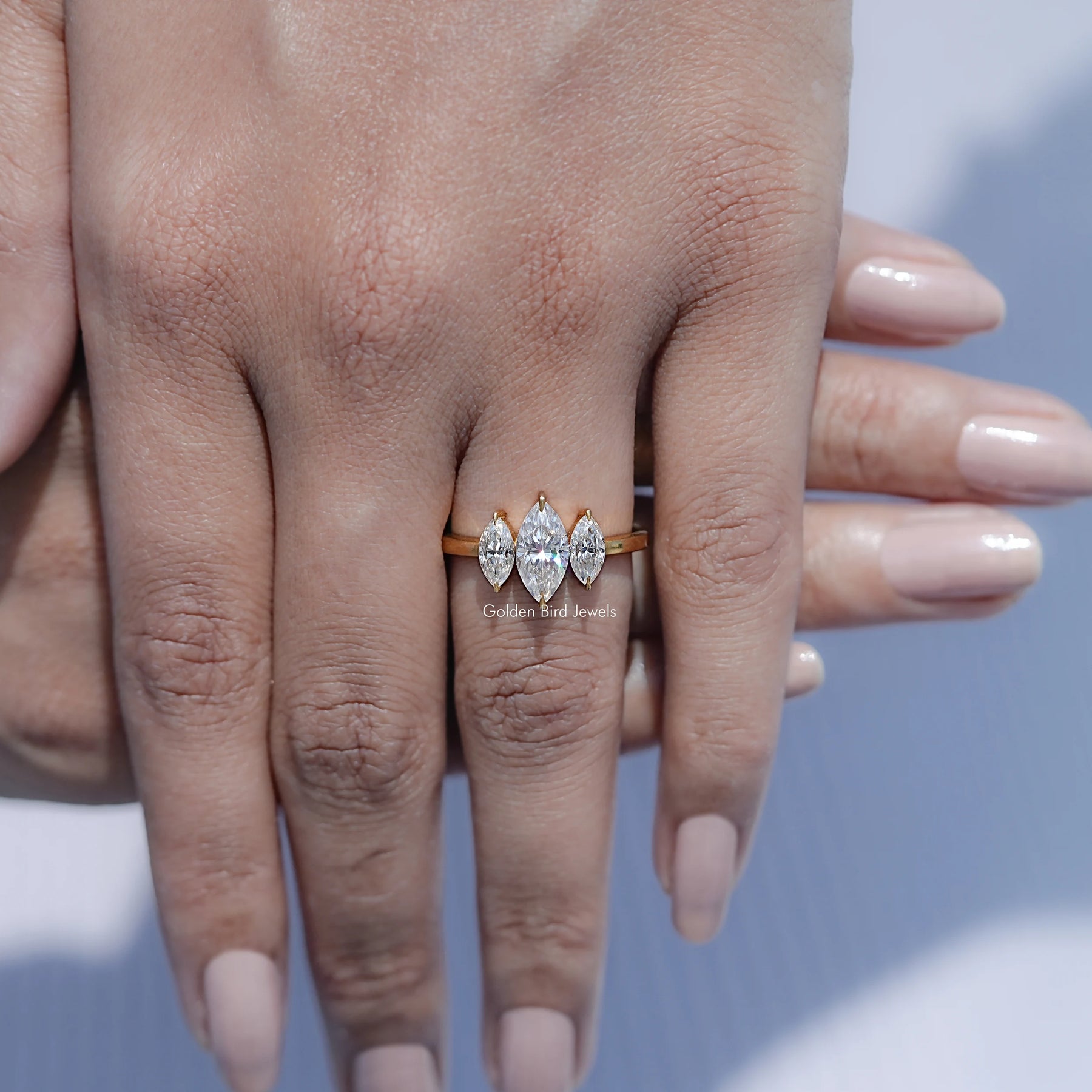 View of Marquise Shaped Solitaire Moissanite Ring in prongs setting