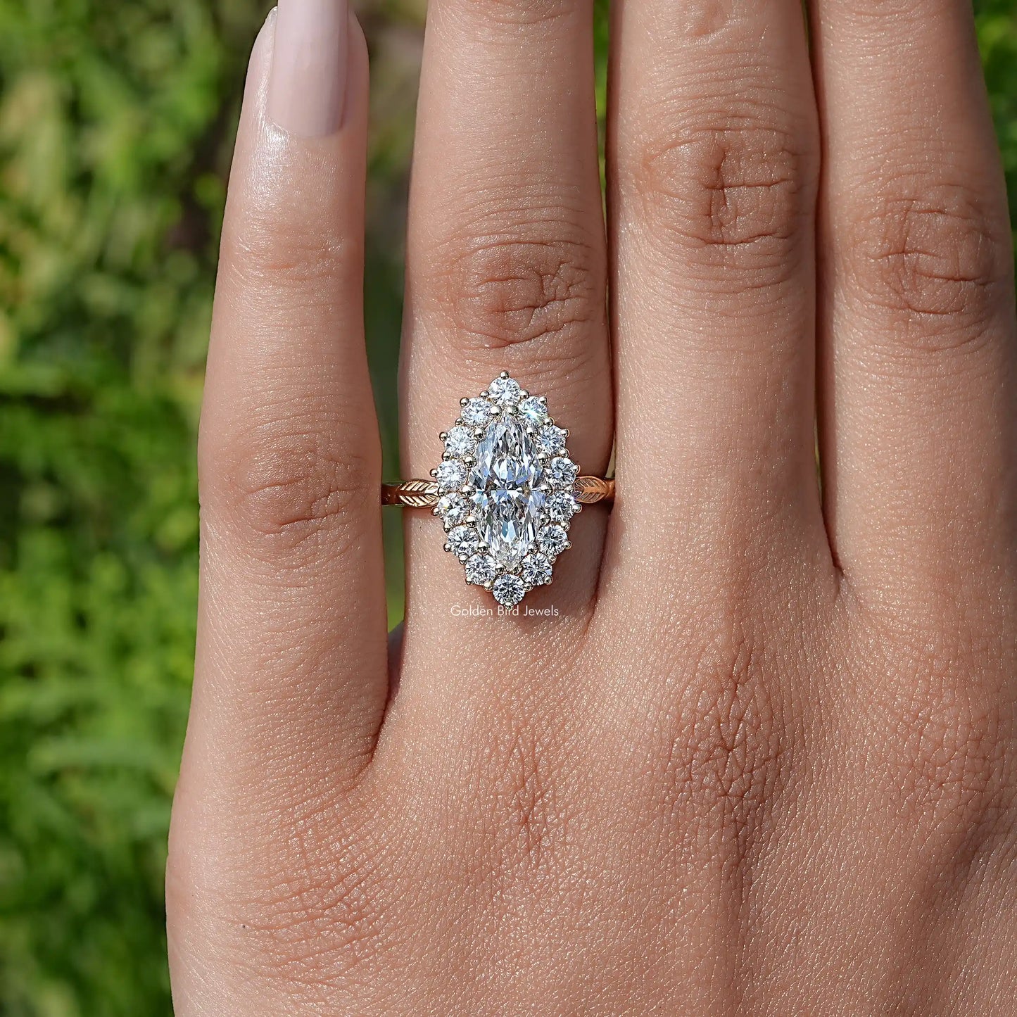 View of Marquise Lab Diamond Halo Engagement Ring In Finger