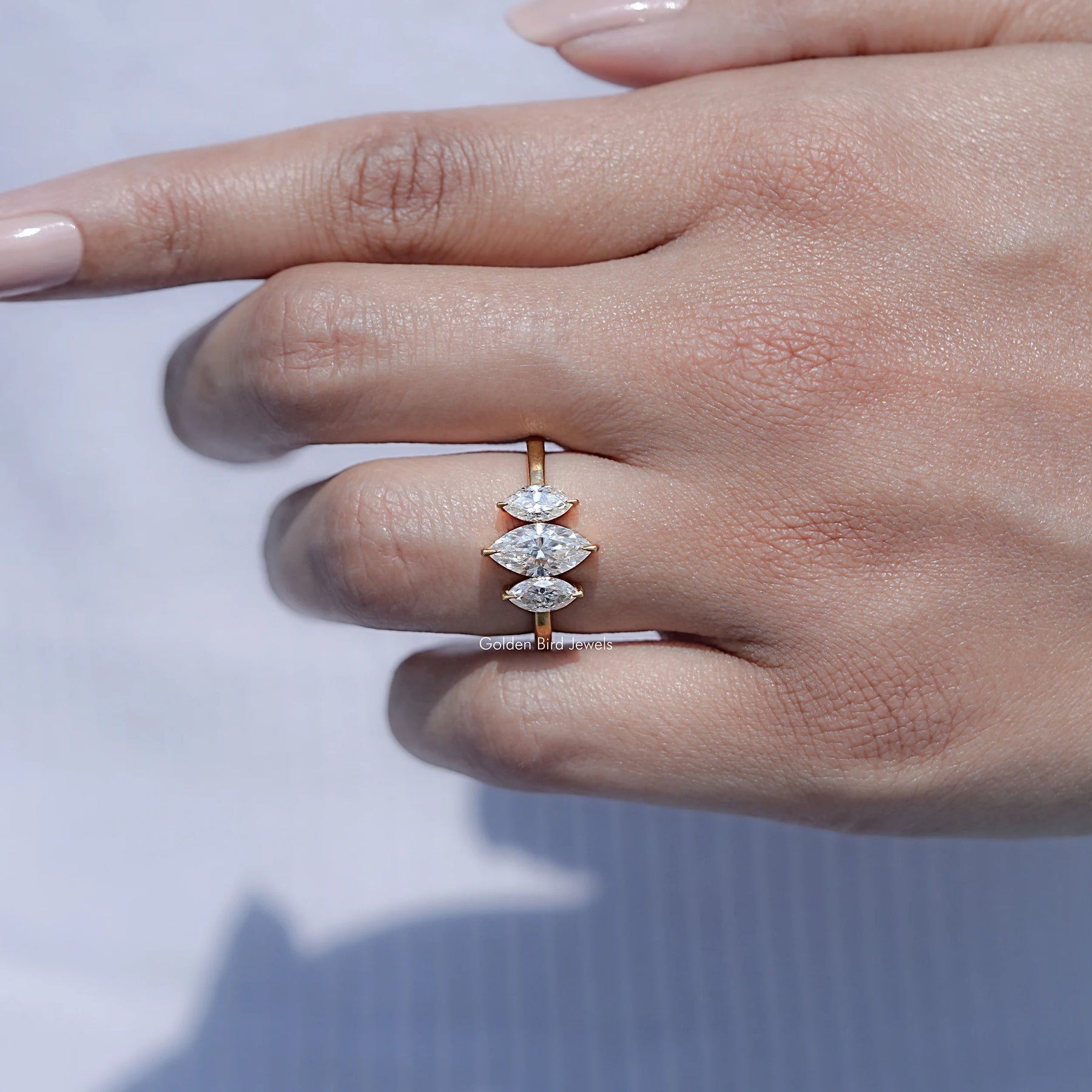 Close view of Marquise Shaped Solitaire Moissanite Ring