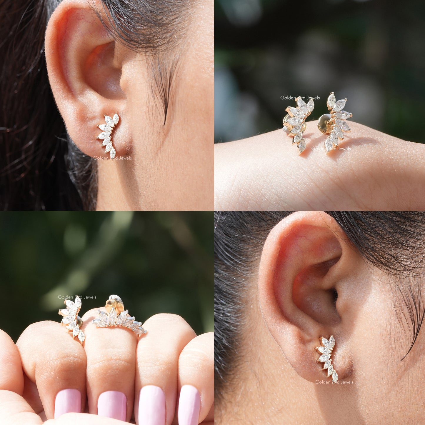 Collage view of moissanite marquise stud earrings