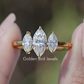 Front view of Marquise Moissanite Three Stone Engagement Ring