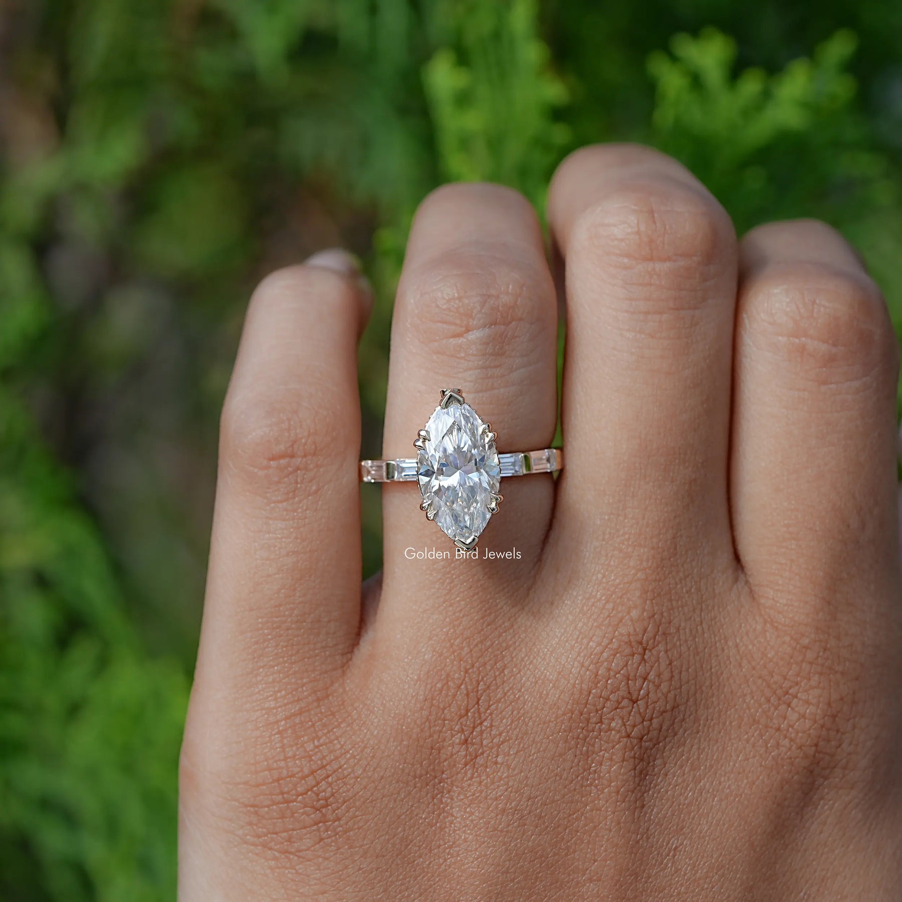 Marquise and Baguette Cut Moissanite Accent Ring