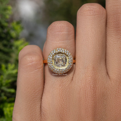 Mazarin Cut Moissanite Halo Engagement Ring