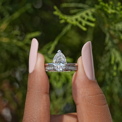 Pear Moissanite Hidden Halo Ring With Eternity Band