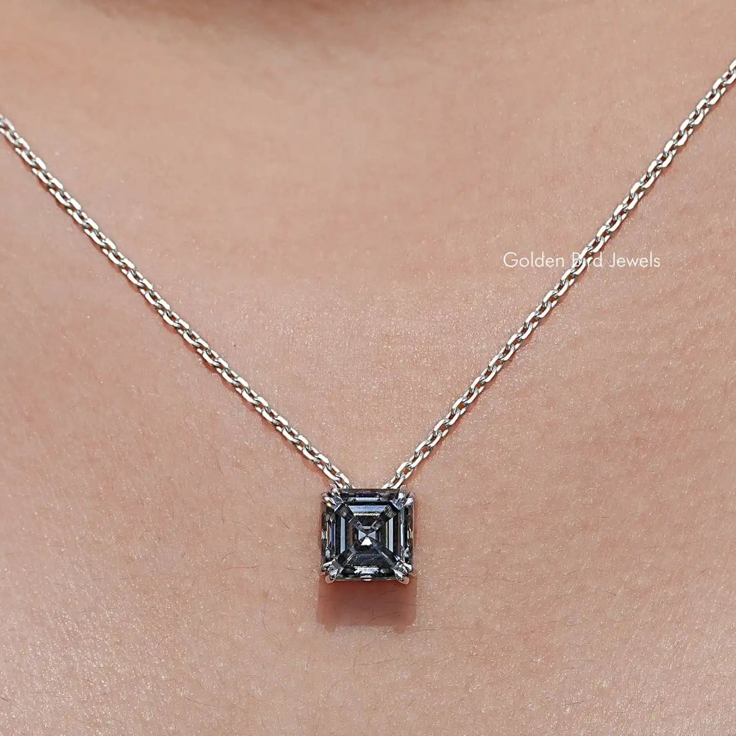 Front View of Gray Asscher Cut Moissanite Solitaire Pendant
