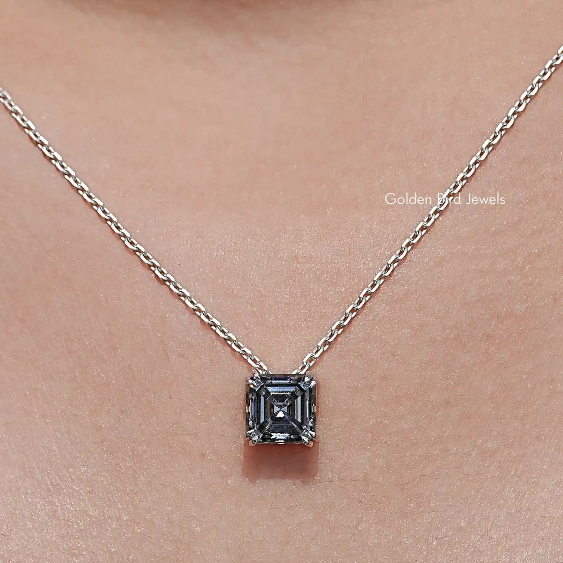 Front View of Gray Asscher Cut Moissanite Solitaire Pendant

