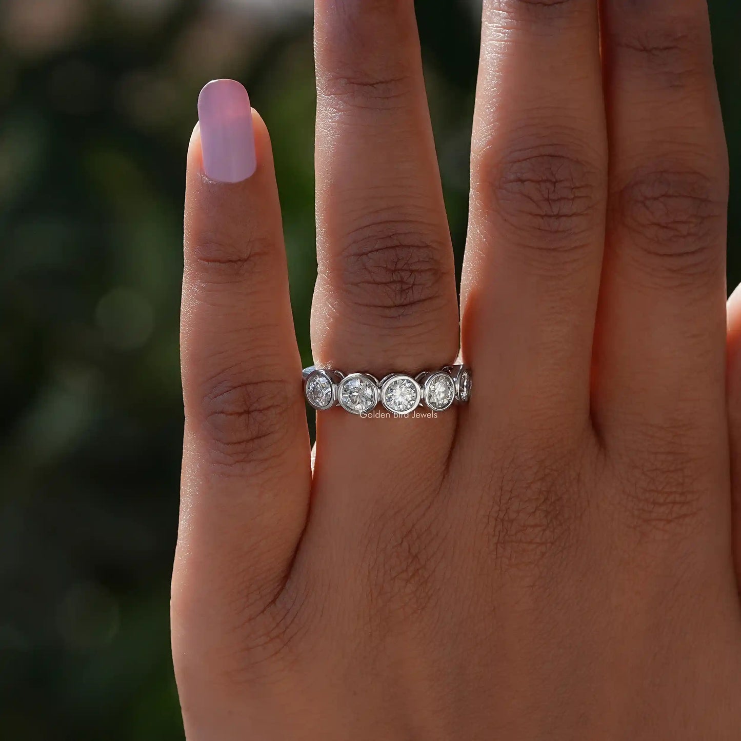 [White Gold Round Cut Bezel Set Band]-[Golden Bird Jewels]