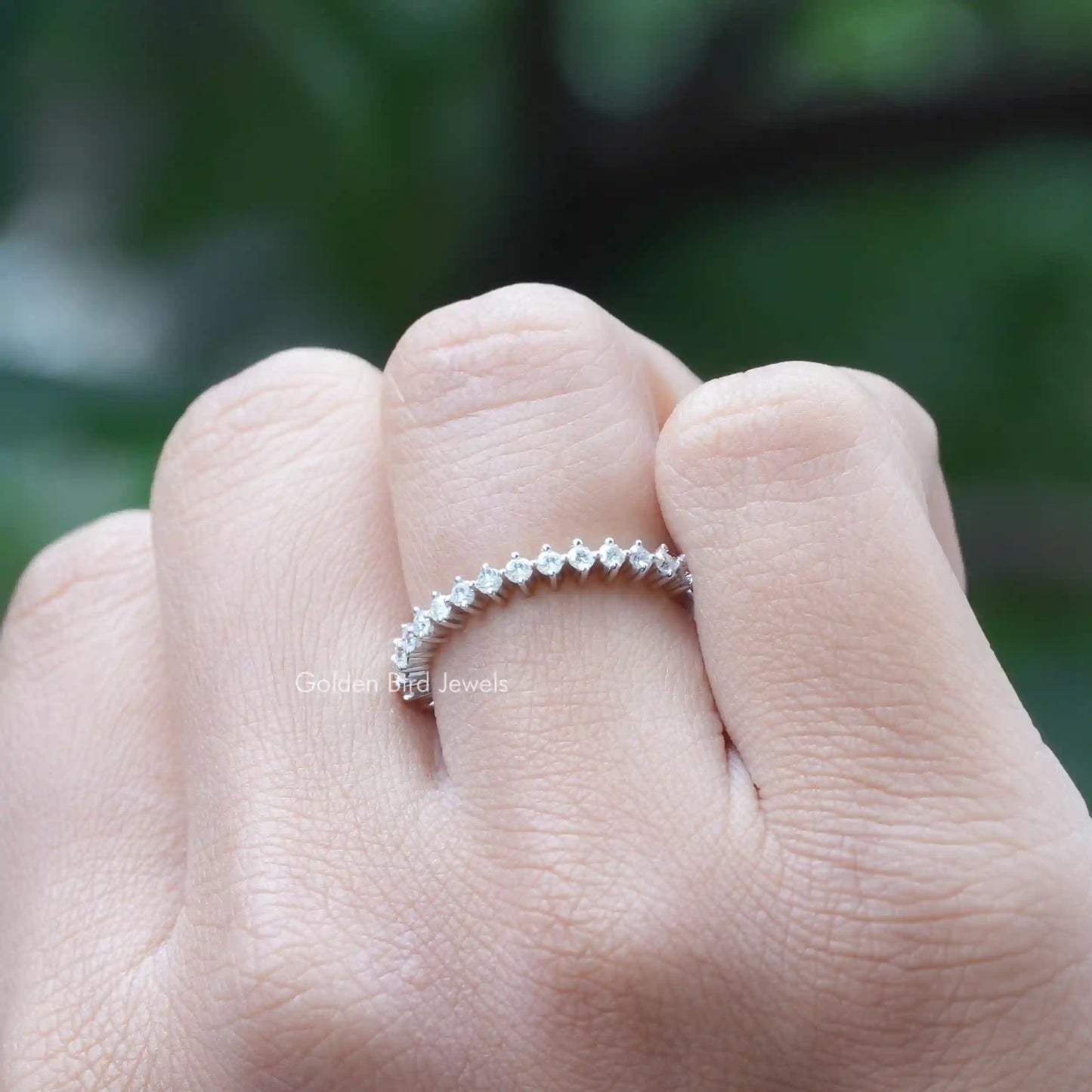 [Colorless Round Cut Moissanite Wedding Band In Whitr Gold]-[Golden Bird Jewels]