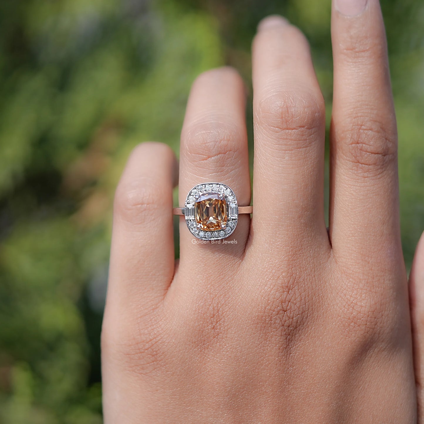 In finger view of Cushion Moissanite Halo Engagement Ring