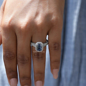 Criss Cut Sapphire Blue Moissanite Double Halo Ring