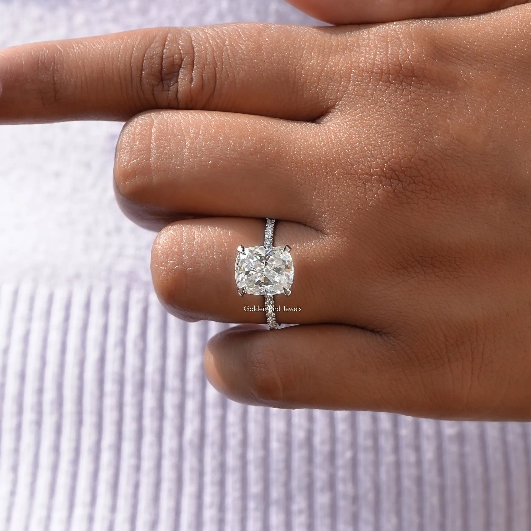 Detailed View Of Crushed Ice Cushion Cut Moissanite Hidden Halo Ring In White Gold