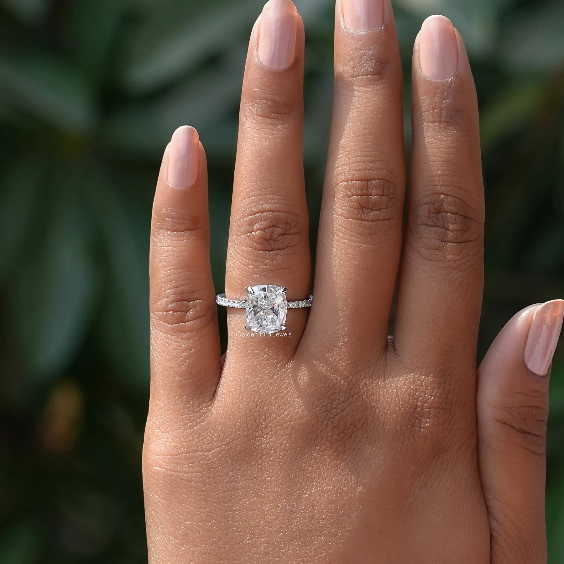 View of Moissanite Cushion Cut Hidden Halo Ring In finger