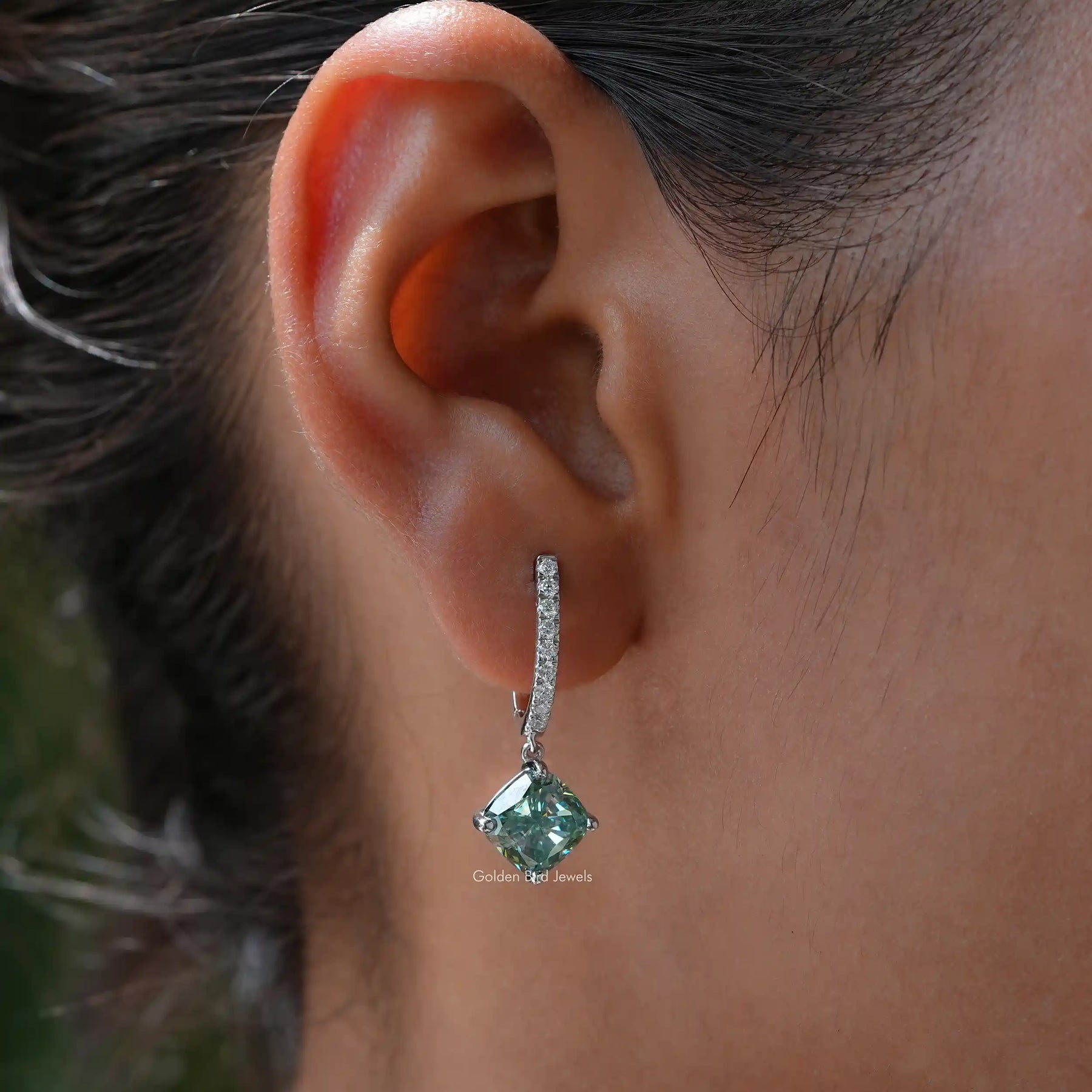 Cushion Cut Blue Green Moissanite Drop Dangle Earrings