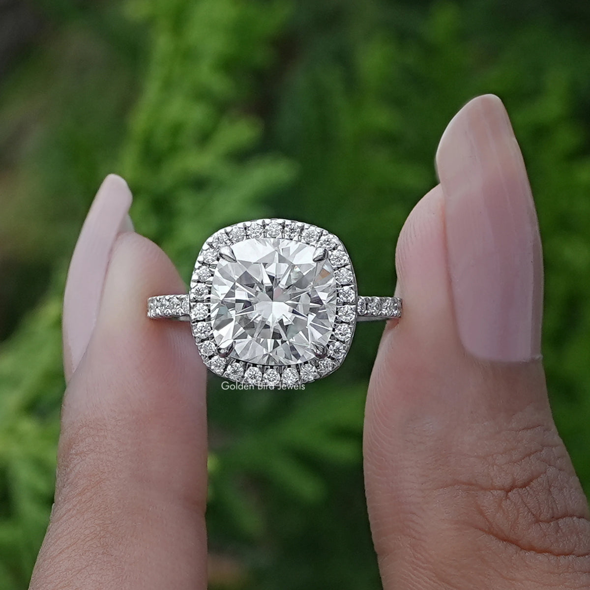 [Moissanite Cushion Cut Halo Engagement Ring]-[Golden Bird Jewels]