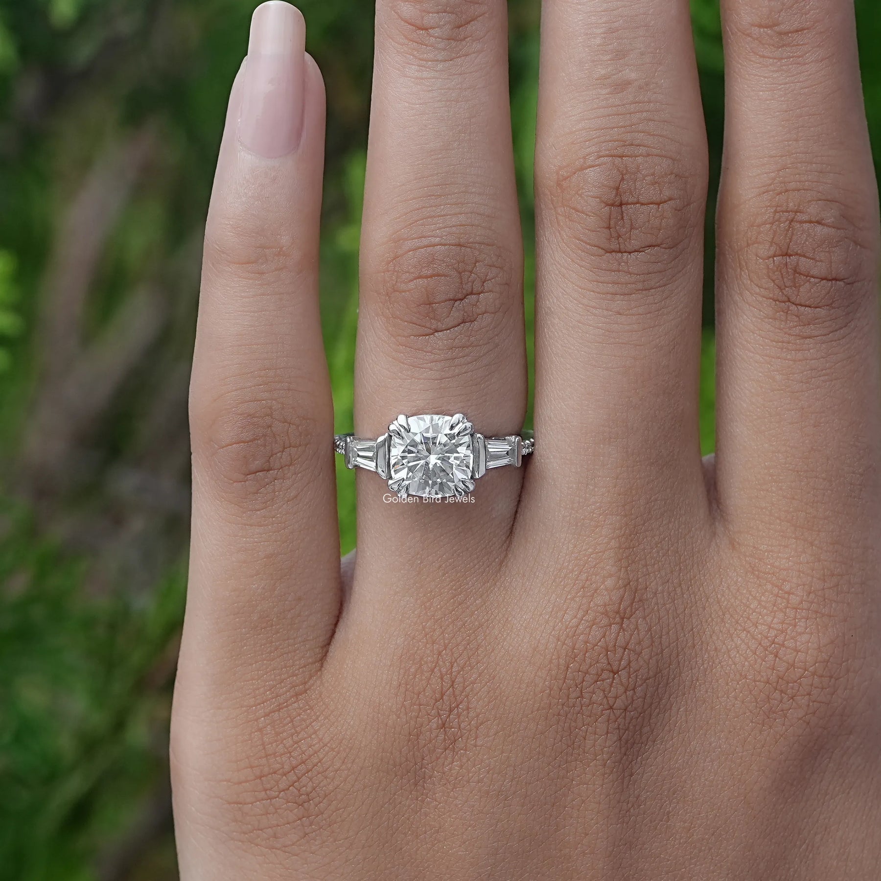 View of A 3 Stone Cushion And Baguette Cut Engagement Ring