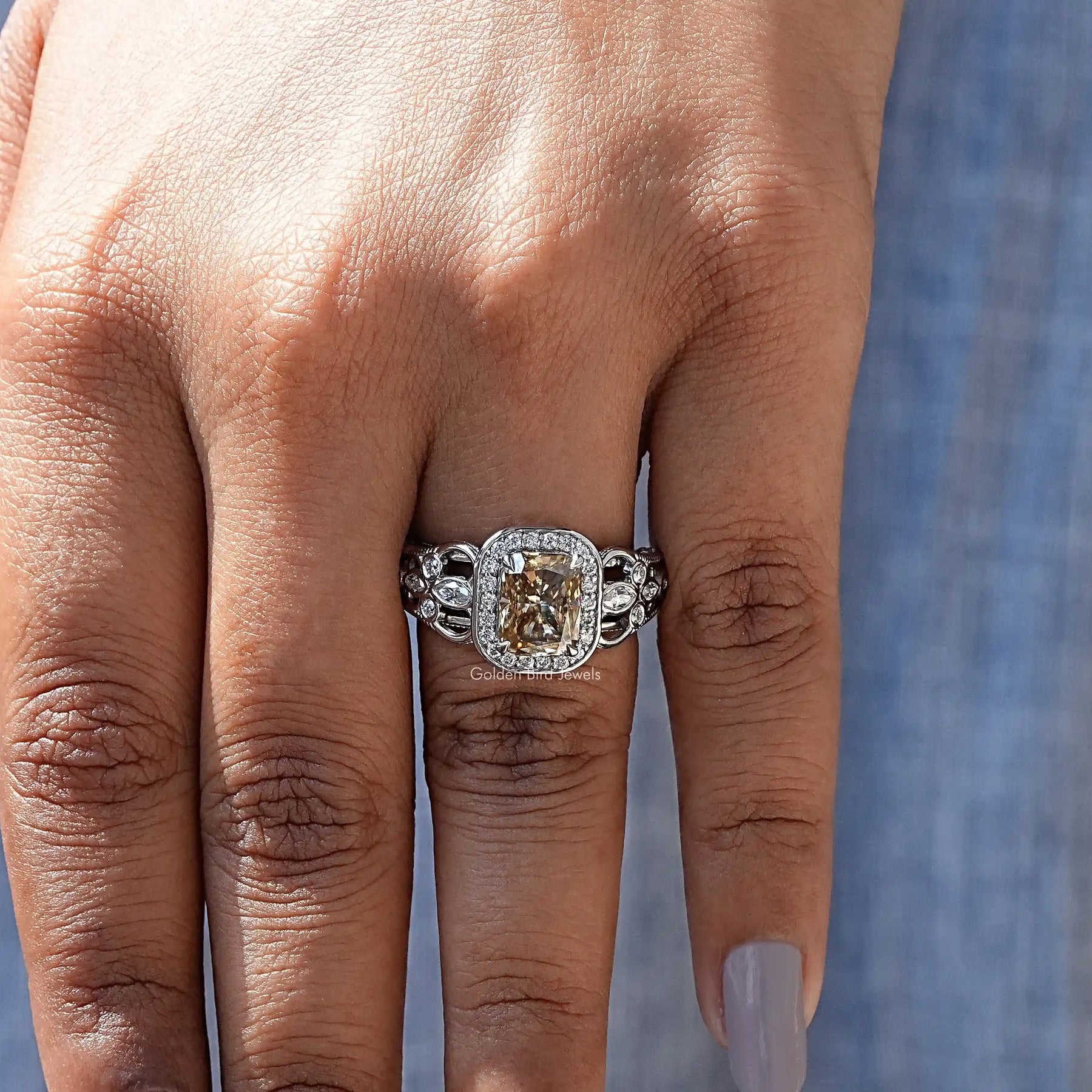 View of Cushion Cut Vintage Ring In White Gold