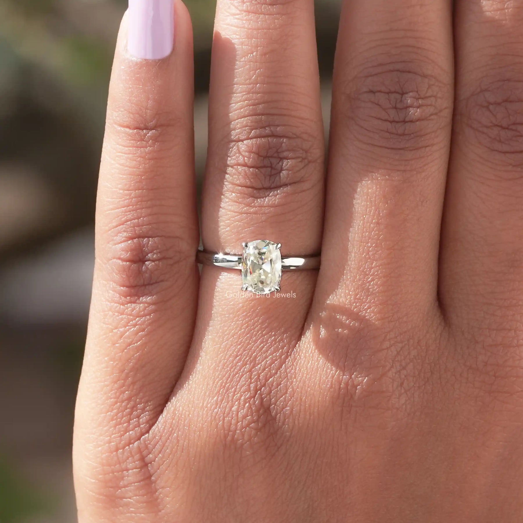 [Cushion Cut Moissanite Solitaire Rfing In 14K White Gold]-[Golden Bird Jewels]