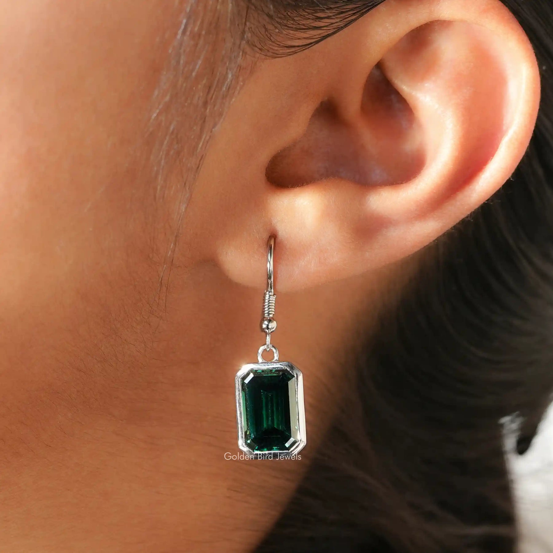 [14K White Gold Emerald Cut Dangle Drop Earrings]-[Golden Bird Jewels]